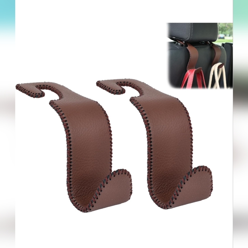 Car Seat Headrest Hook Universal‎ purse bag hanger 2 pack brown leather